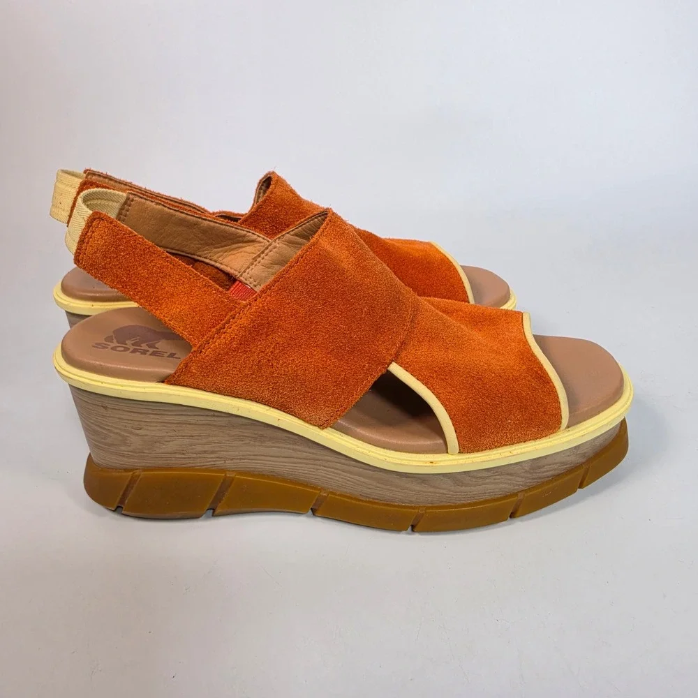 SOREL Joanie III Slingback Wedge Sandals Women's 8.5 Orange Suede Chunky Retro